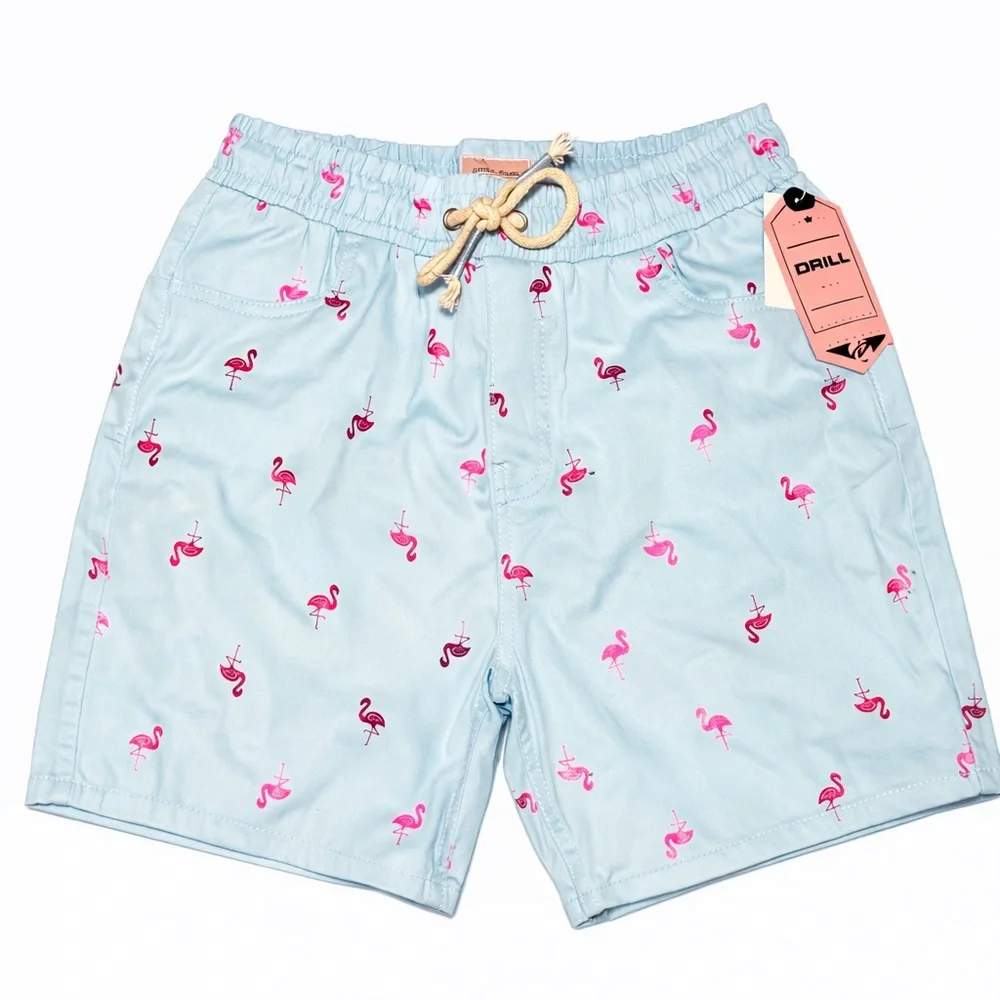 Drill Light Blue Flamingo Print Swim Trunks